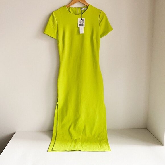 NWT Zara Lime Green Side Cut  Out Button Detail Midi Dress M - Picture 4 of 11